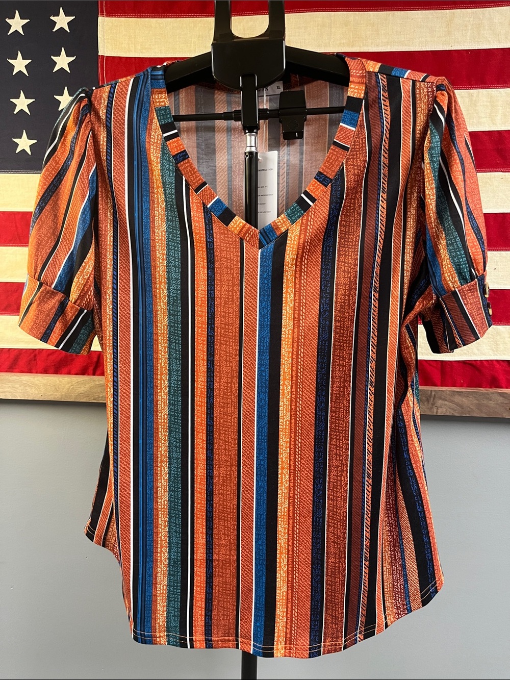 Striped V-Neck Puff Sleeve Blouse in Orange Multi